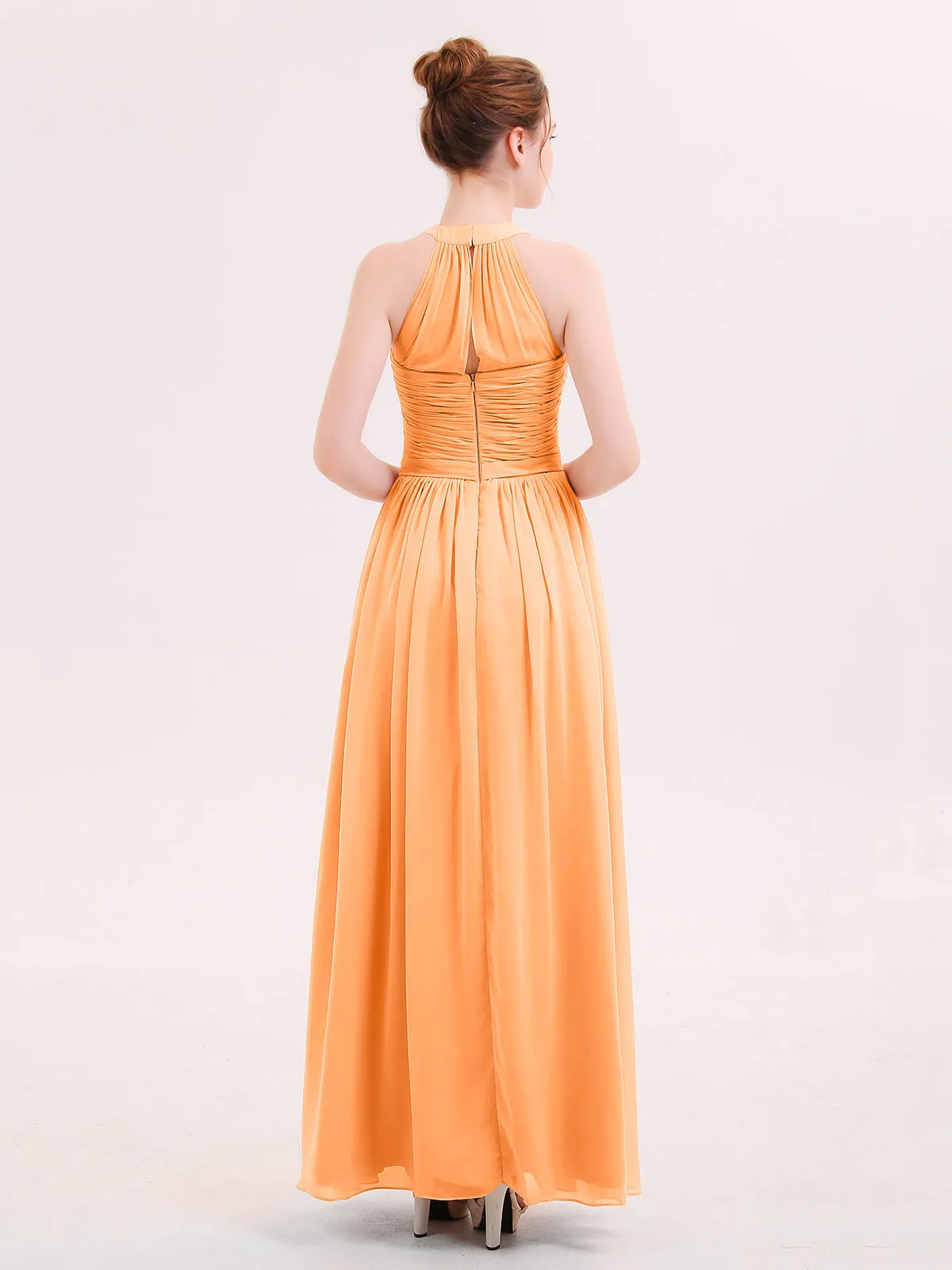 Halter Chiffon Long Bridesmaid Gown with Belt Orange Plus Size