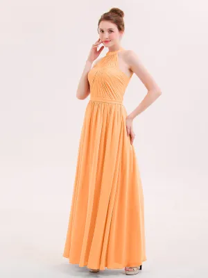 Halter Chiffon Long Bridesmaid Gown with Belt Orange Plus Size