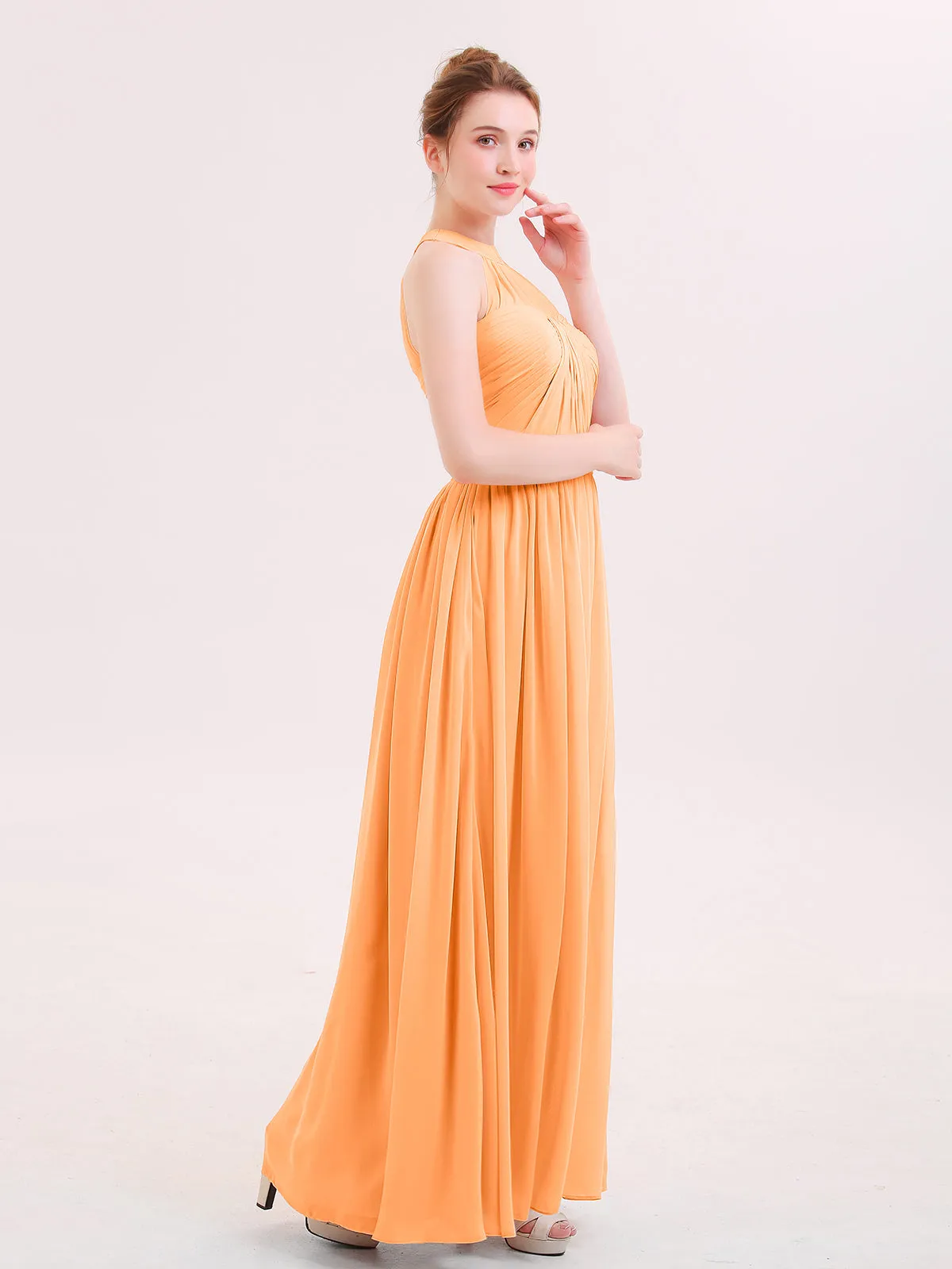 Halter Chiffon Long Bridesmaid Gown with Belt Orange Plus Size