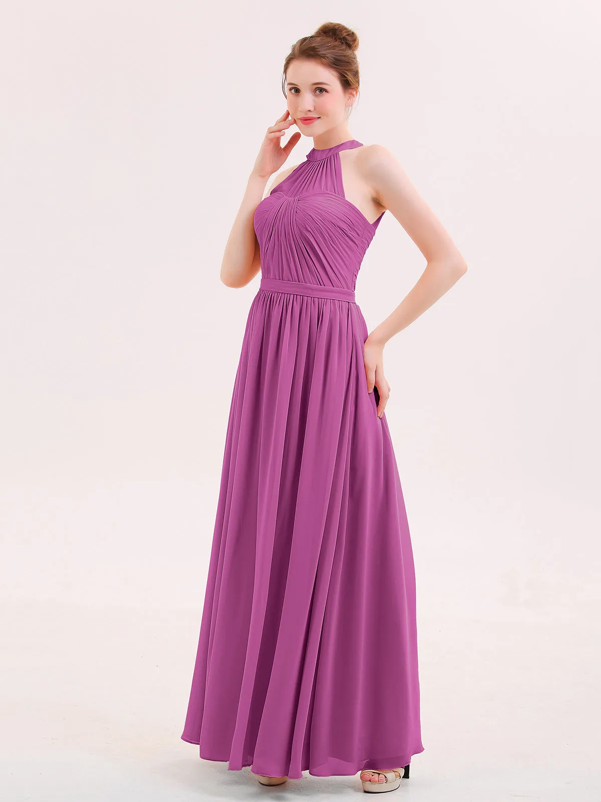 Halter Chiffon Long Bridesmaid Gown with Belt Orchid