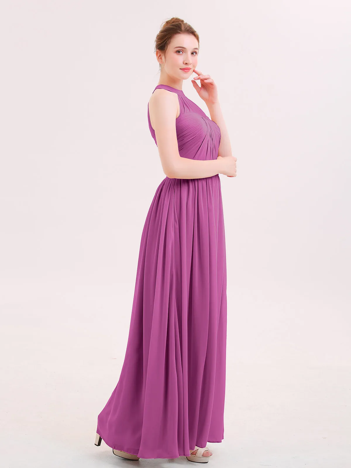Halter Chiffon Long Bridesmaid Gown with Belt Orchid