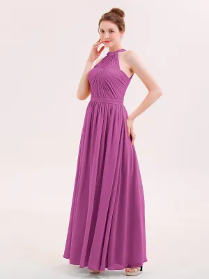 Halter Chiffon Long Bridesmaid Gown with Belt Orchid