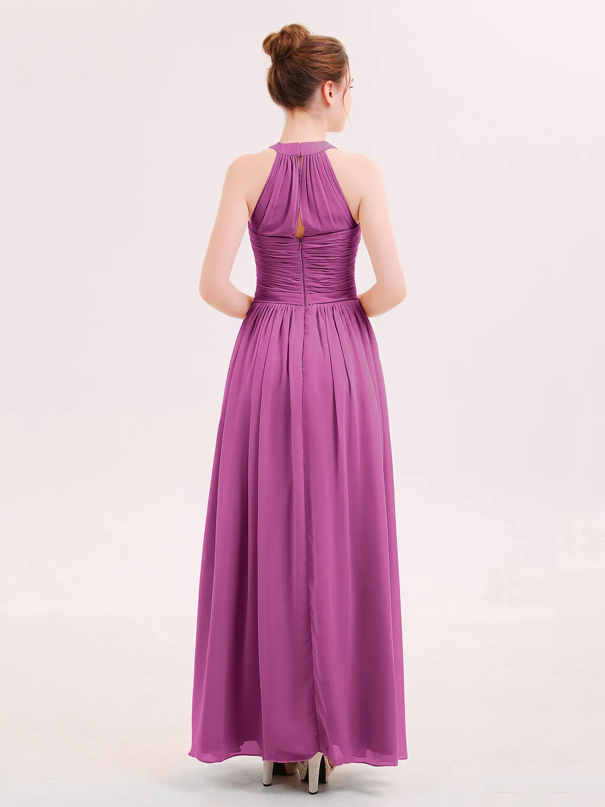 Halter Chiffon Long Bridesmaid Gown with Belt Orchid
