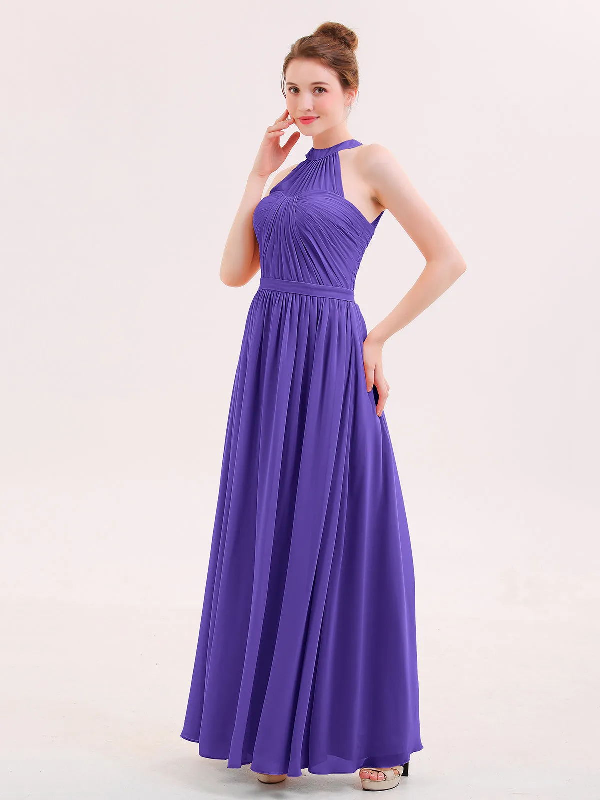 Halter Chiffon Long Bridesmaid Gown with Belt Regency
