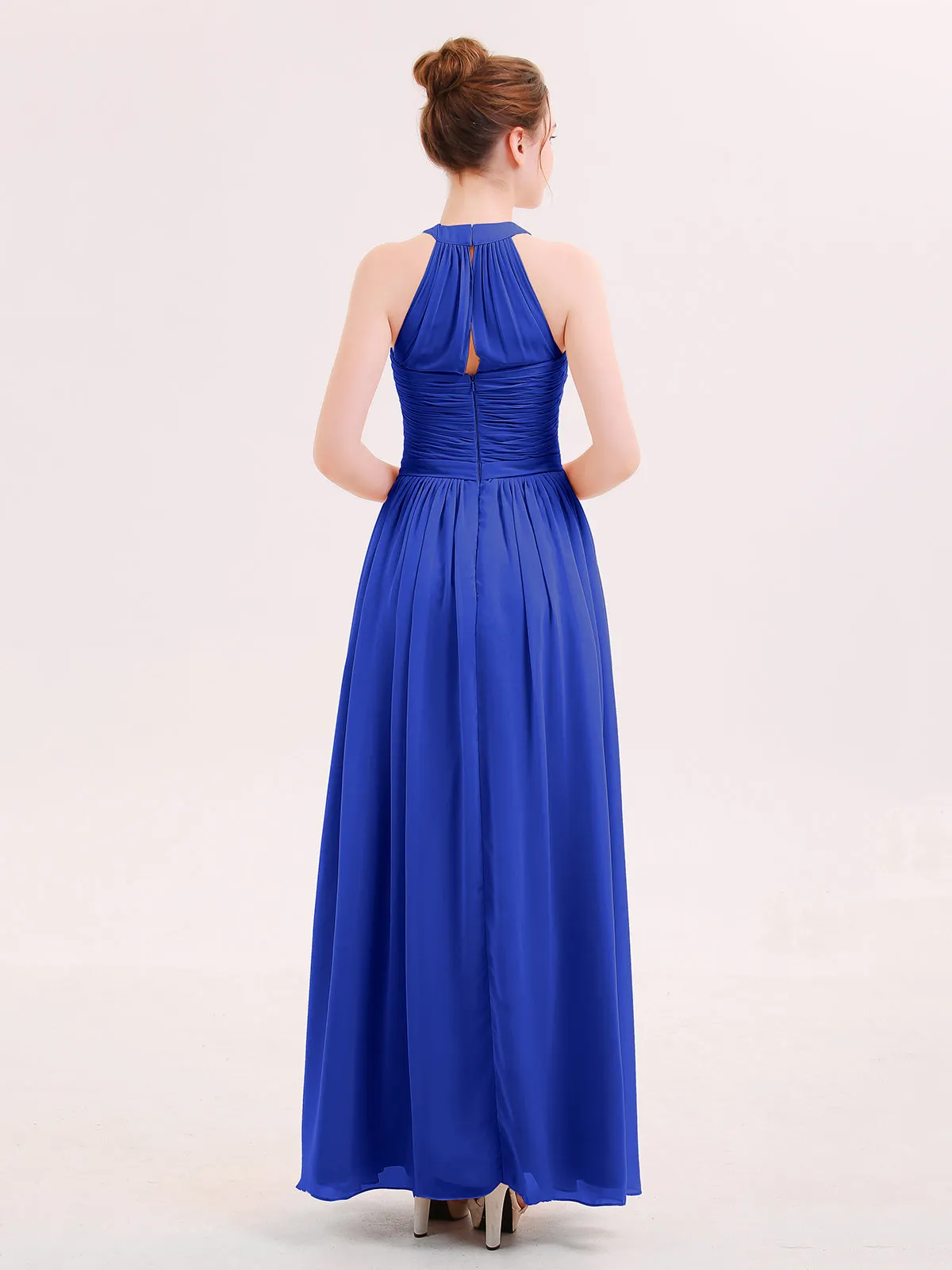 Halter Chiffon Long Bridesmaid Gown with Belt Royal Blue