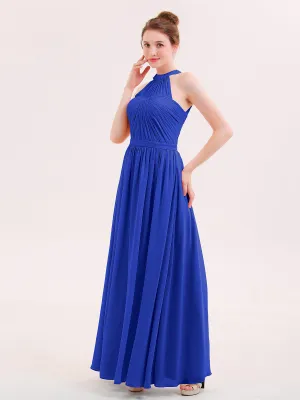 Halter Chiffon Long Bridesmaid Gown with Belt Royal Blue