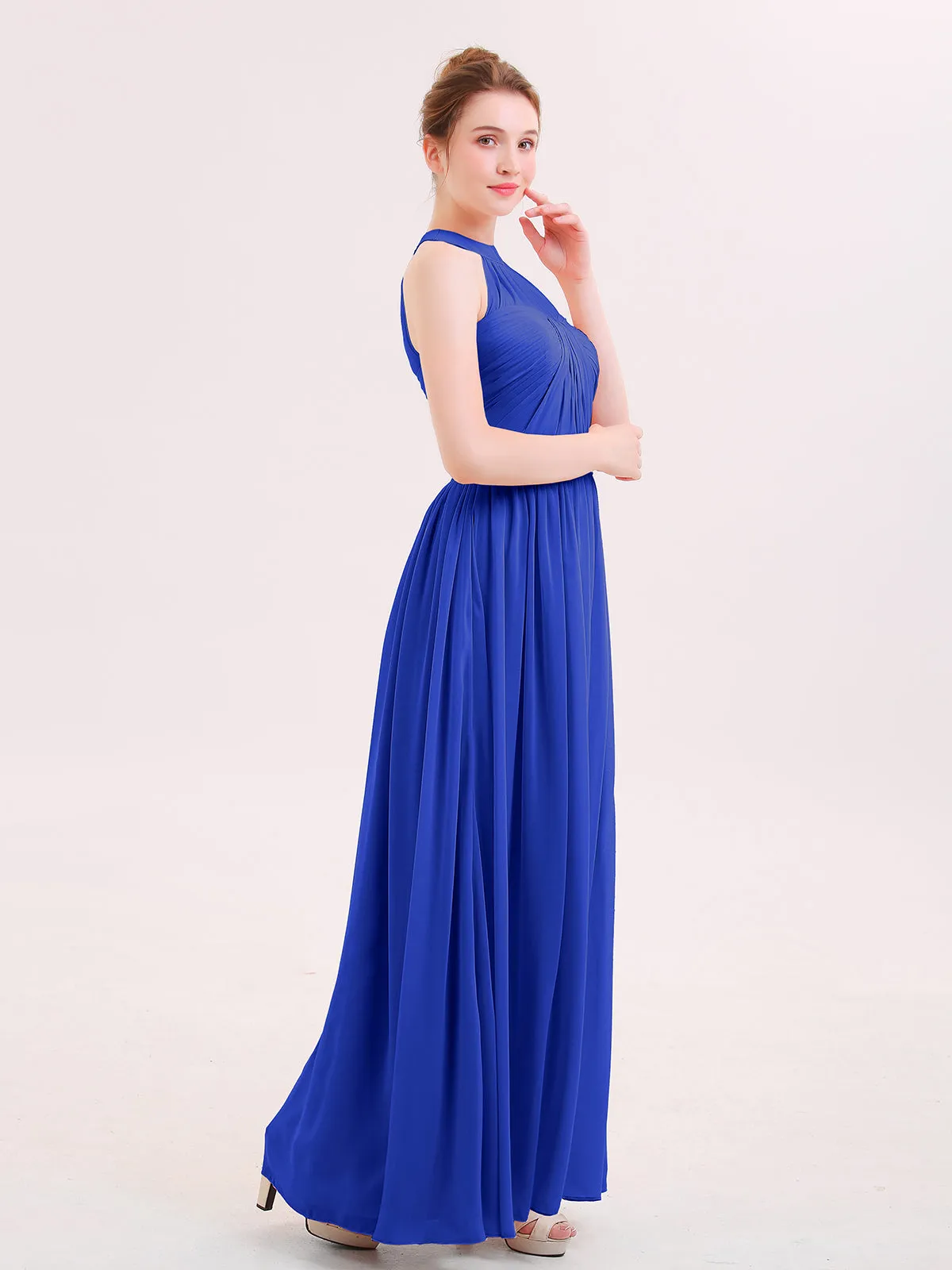 Halter Chiffon Long Bridesmaid Gown with Belt Royal Blue