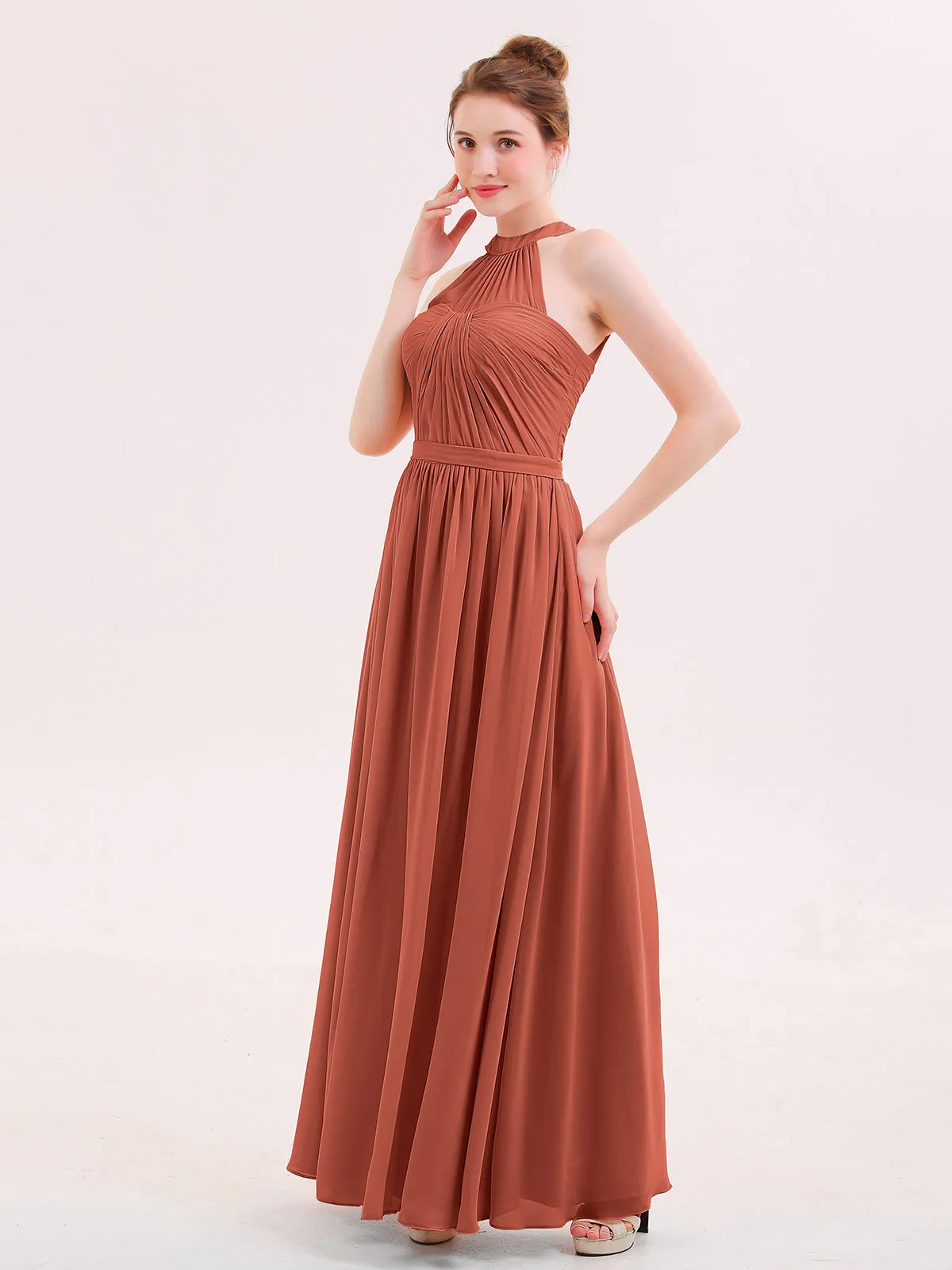 Halter Chiffon Long Bridesmaid Gown with Belt Rust Plus Size
