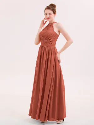 Halter Chiffon Long Bridesmaid Gown with Belt Rust Plus Size