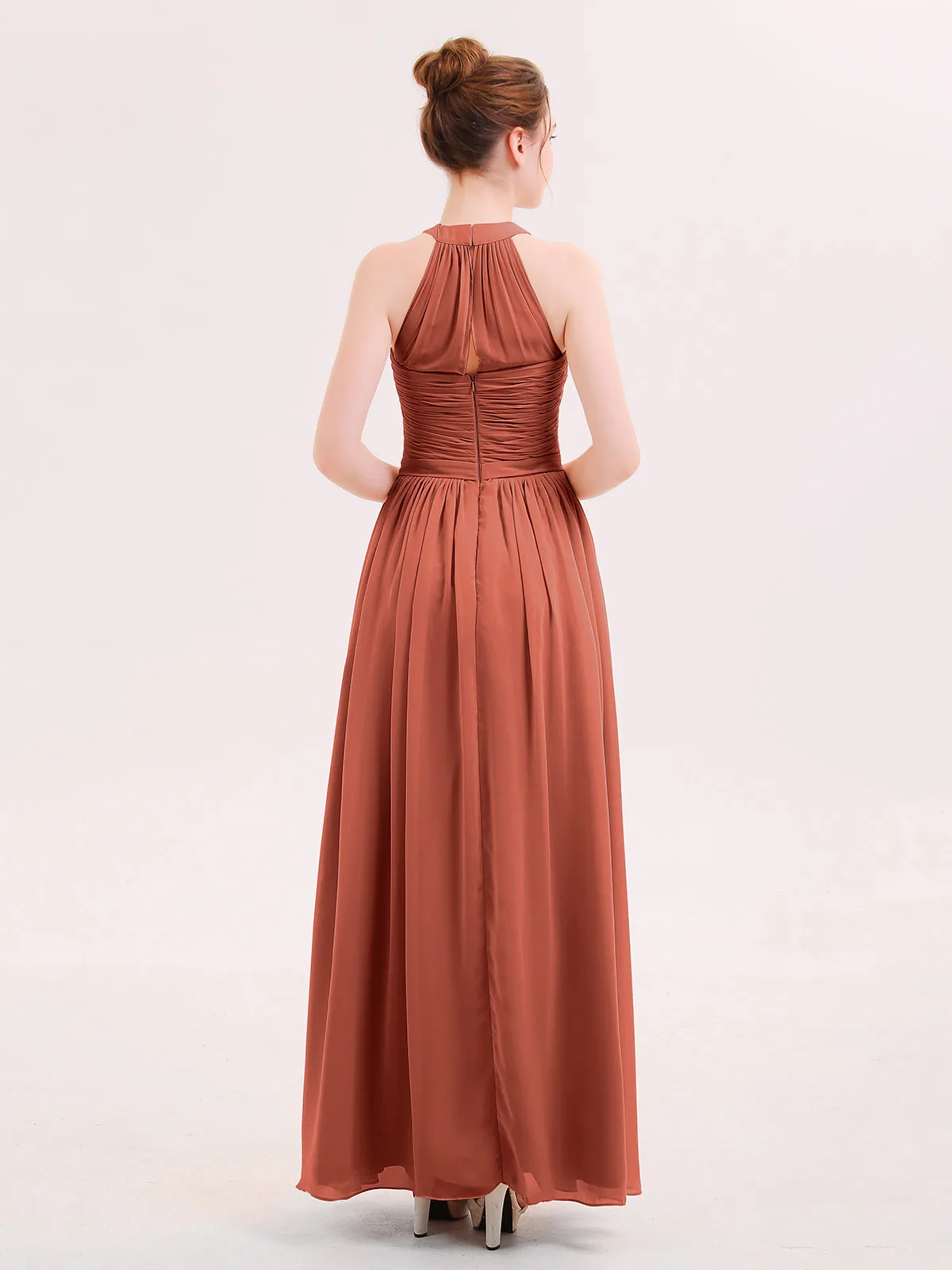 Halter Chiffon Long Bridesmaid Gown with Belt Rust Plus Size