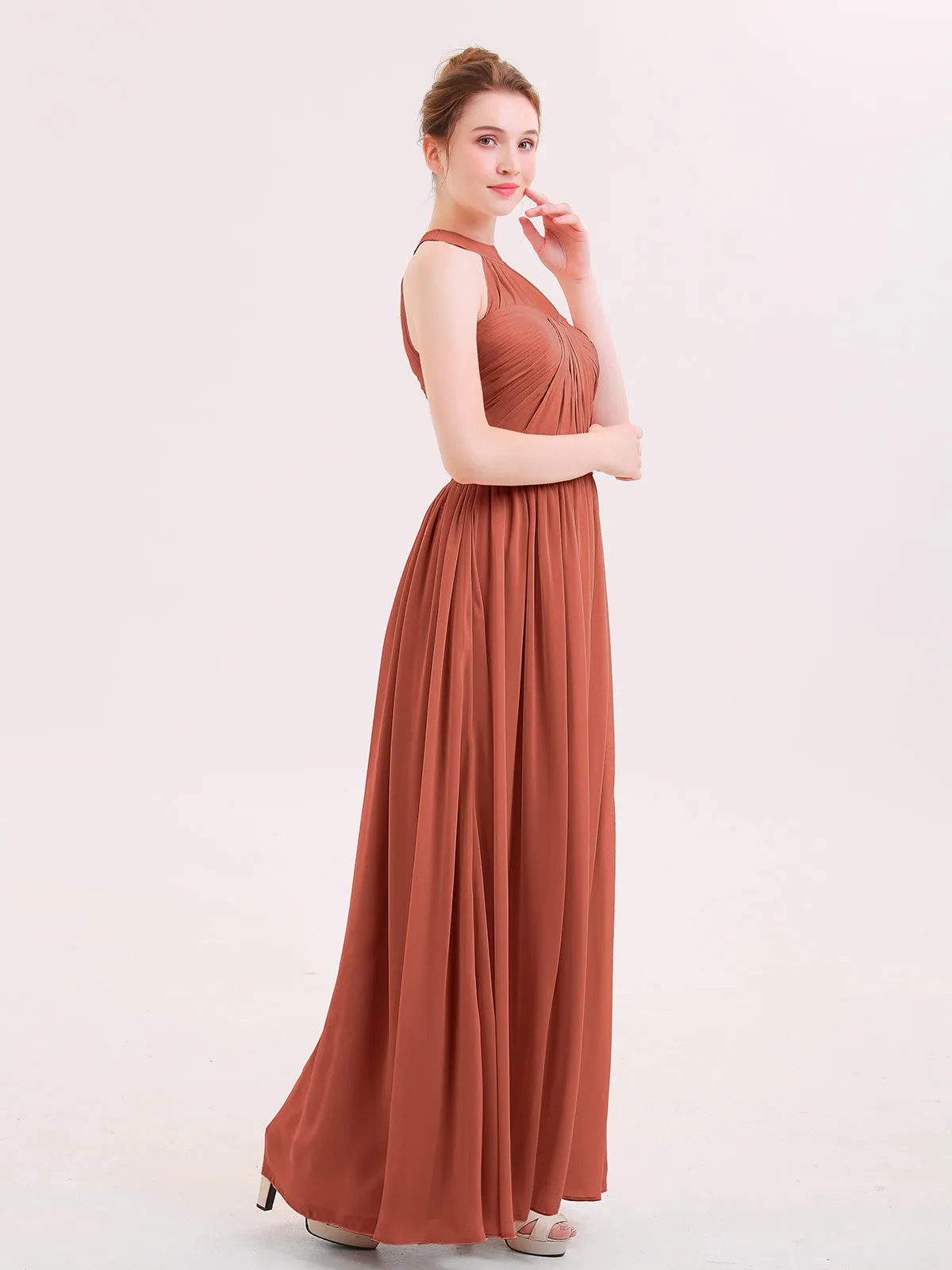 Halter Chiffon Long Bridesmaid Gown with Belt Rust Plus Size