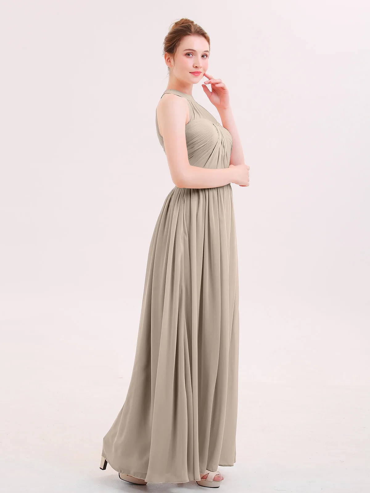 Halter Chiffon Long Bridesmaid Gown with Belt Taupe