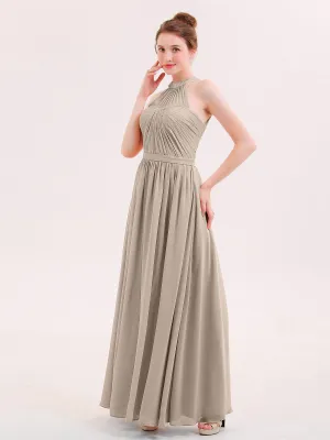 Halter Chiffon Long Bridesmaid Gown with Belt Taupe