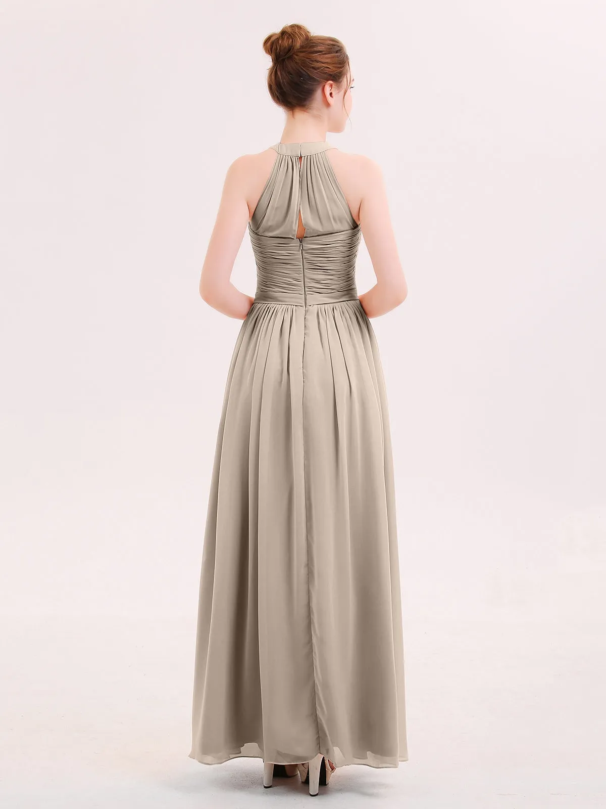 Halter Chiffon Long Bridesmaid Gown with Belt Taupe