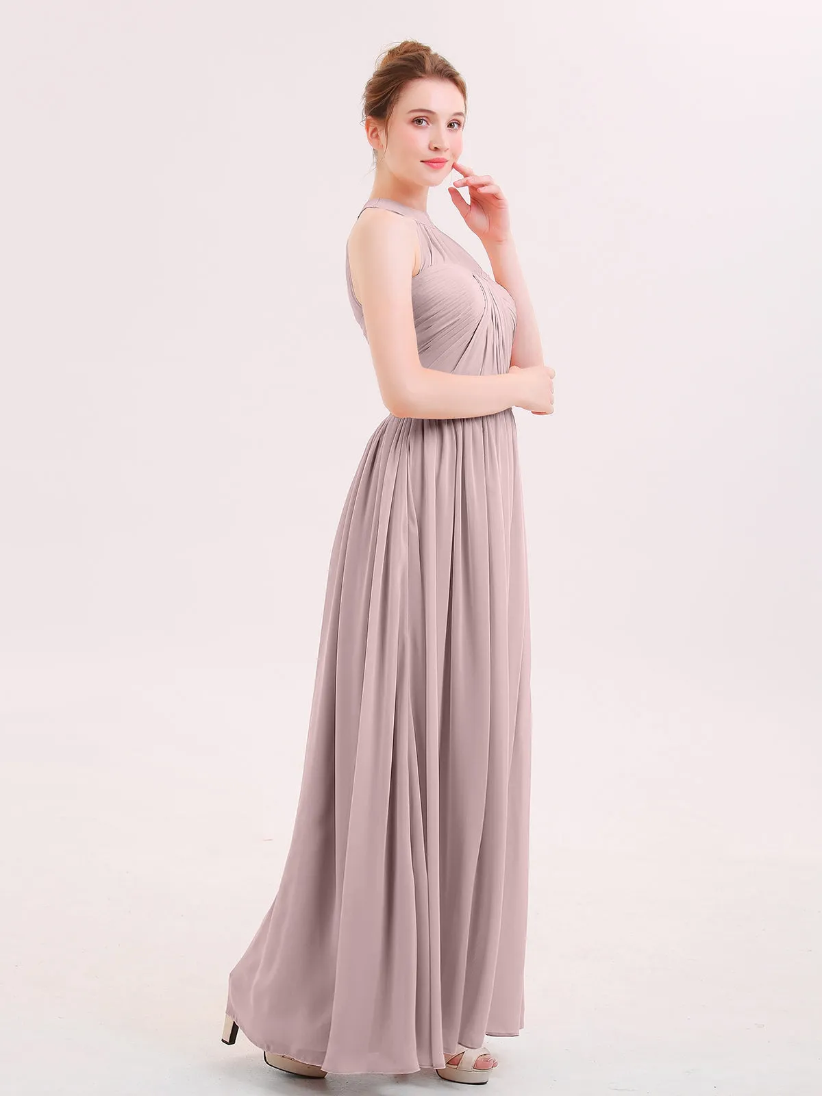 Halter Chiffon Long Bridesmaid Gown with Belt Vintage Mauve Plus Size