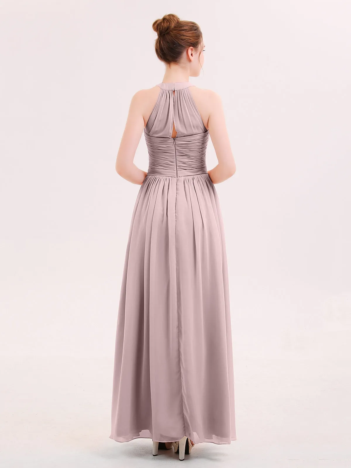 Halter Chiffon Long Bridesmaid Gown with Belt Vintage Mauve Plus Size