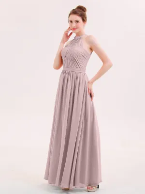 Halter Chiffon Long Bridesmaid Gown with Belt Vintage Mauve Plus Size