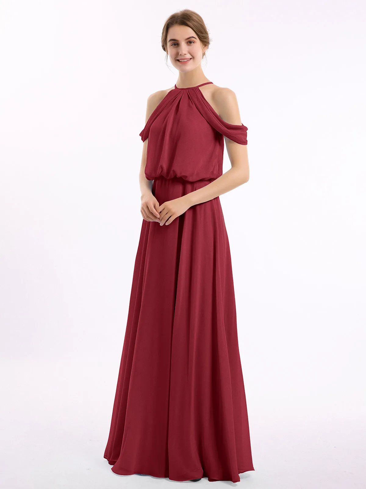 Halter Off the Shoulder Dress with blouson bodice Burgundy