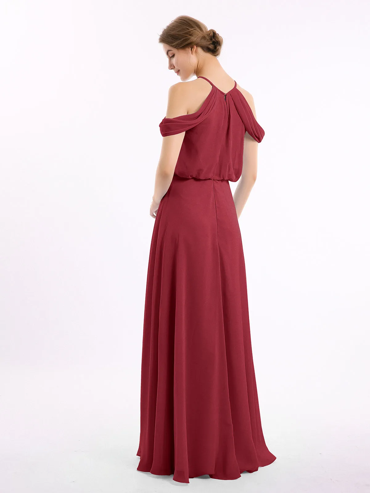 Halter Off the Shoulder Dress with blouson bodice Burgundy