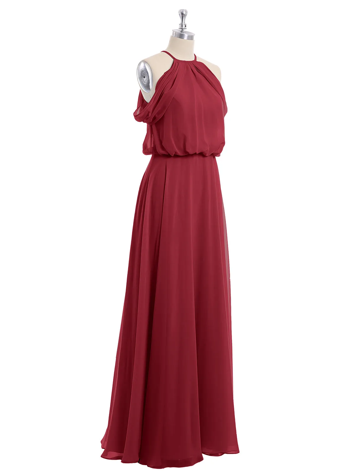 Halter Off the Shoulder Dress with blouson bodice Burgundy
