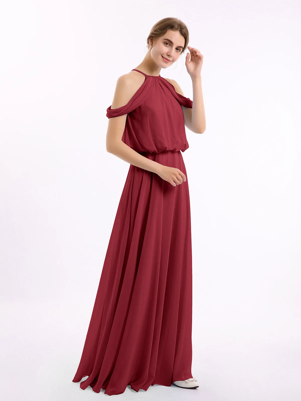 Halter Off the Shoulder Dress with blouson bodice Burgundy