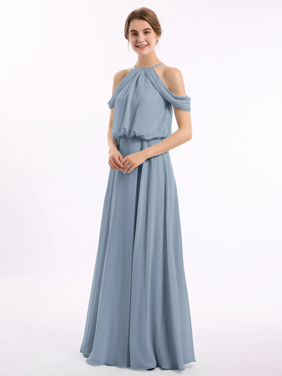 Halter Off the Shoulder Dress with blouson bodice Dusty Blue