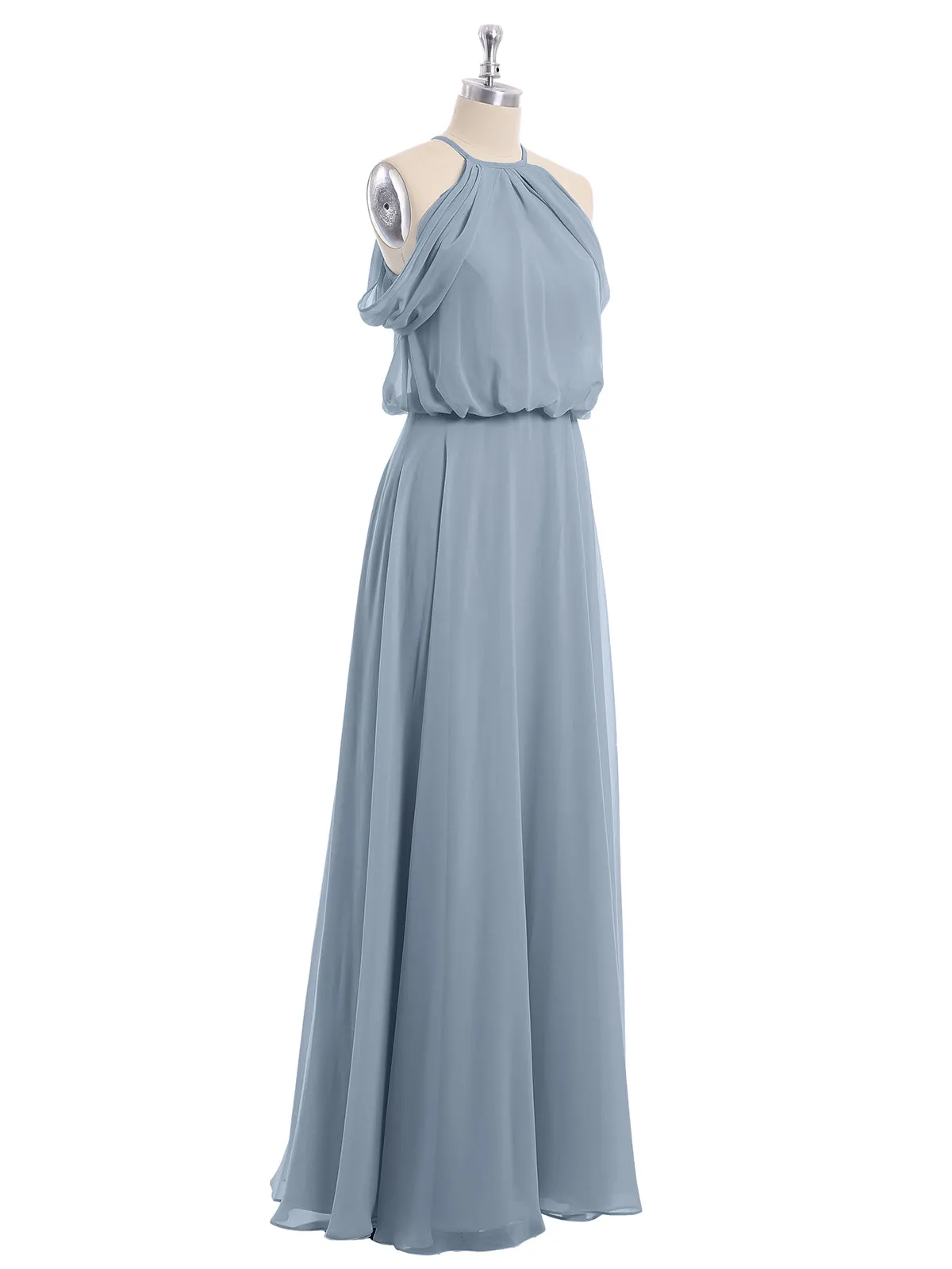 Halter Off the Shoulder Dress with blouson bodice Dusty Blue