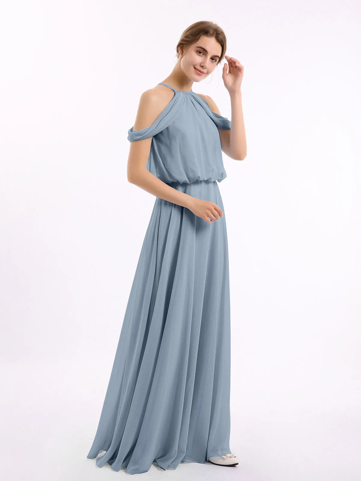 Halter Off the Shoulder Dress with blouson bodice Dusty Blue