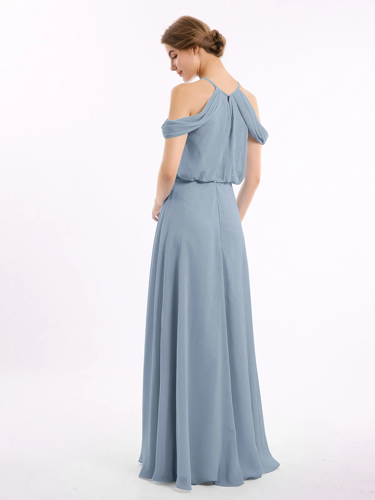 Halter Off the Shoulder Dress with blouson bodice Dusty Blue