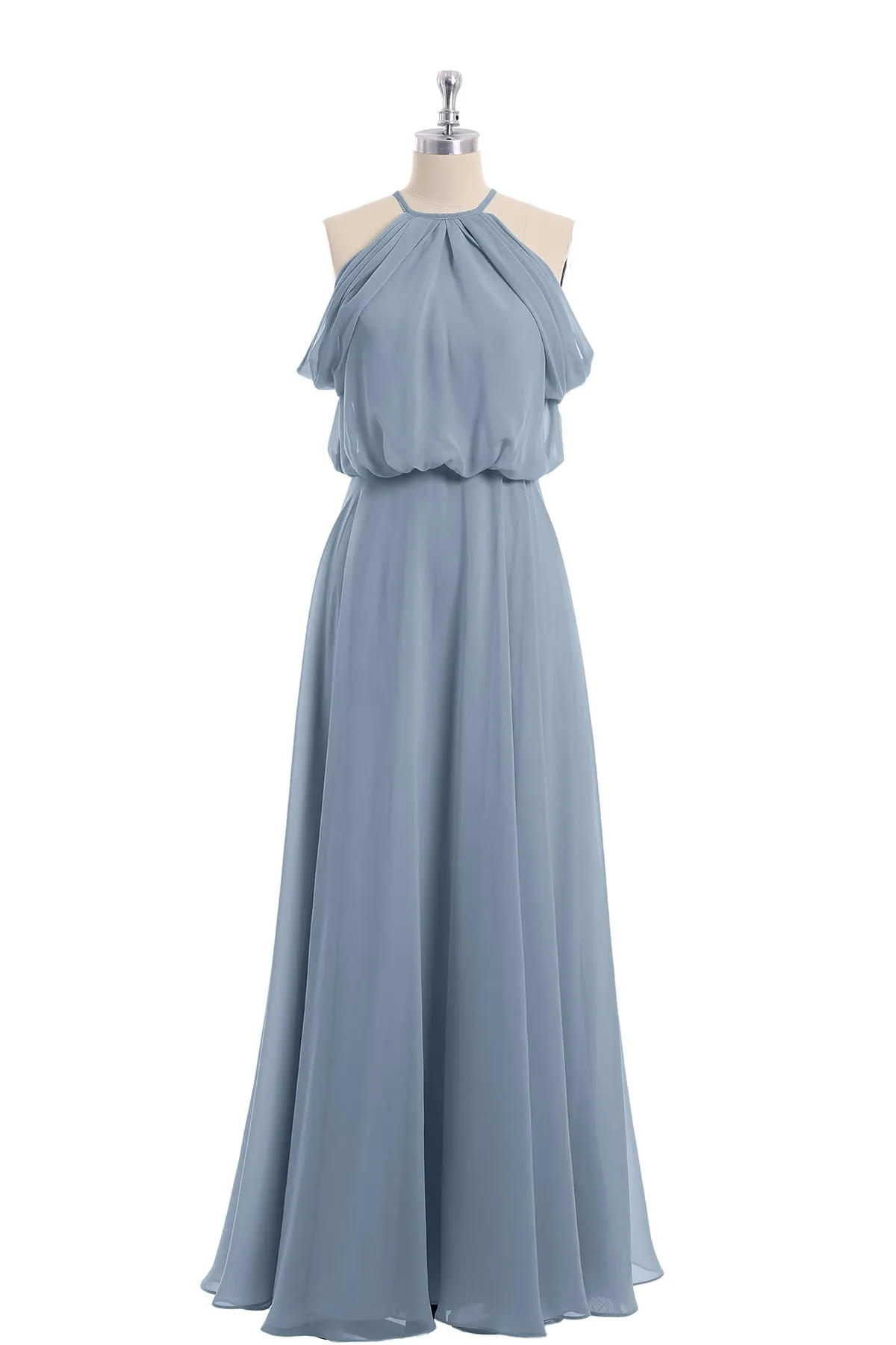 Halter Off the Shoulder Dress with blouson bodice Dusty Blue