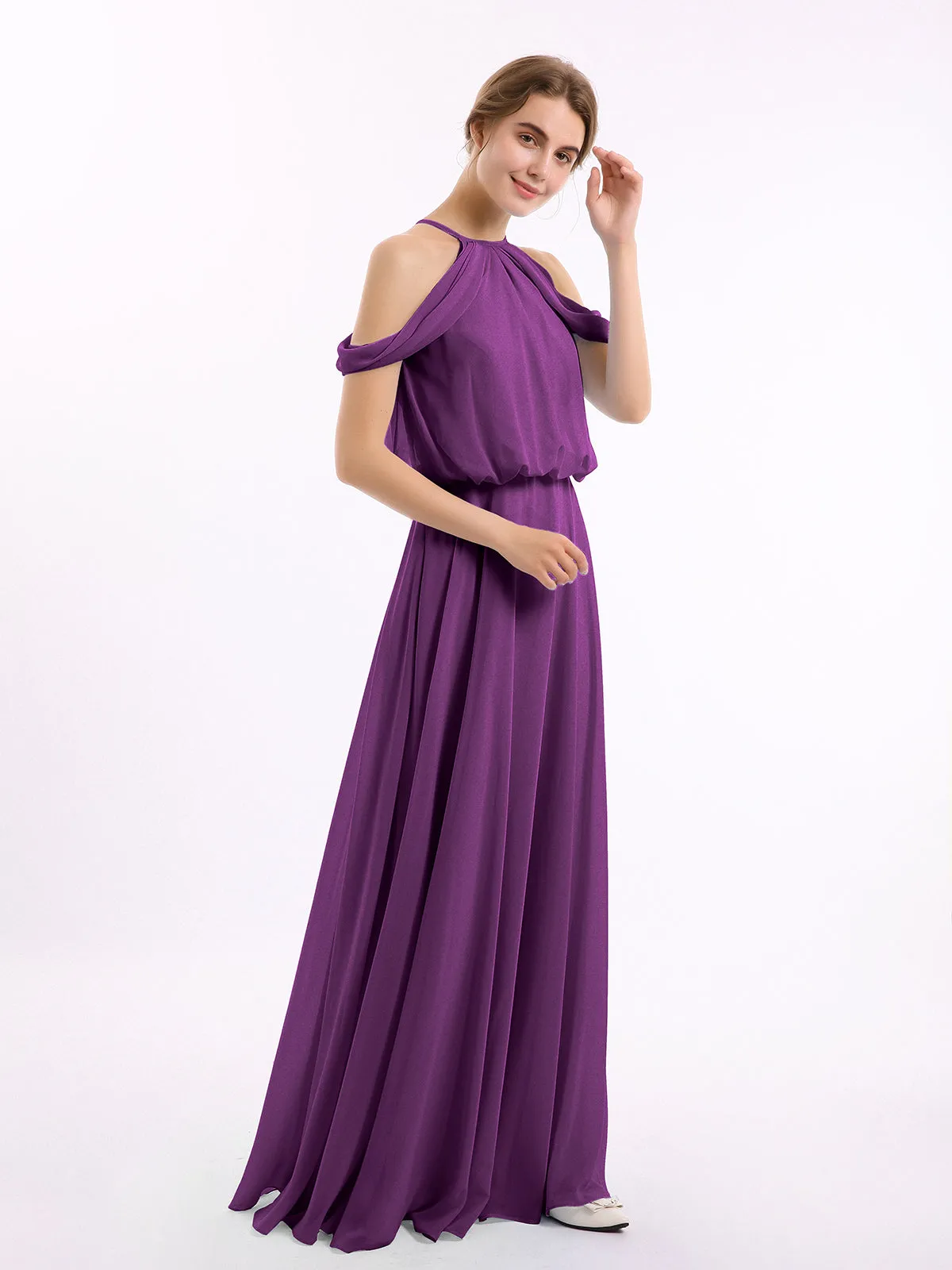 Halter Off the Shoulder Dress with blouson bodice Grape Plus Size
