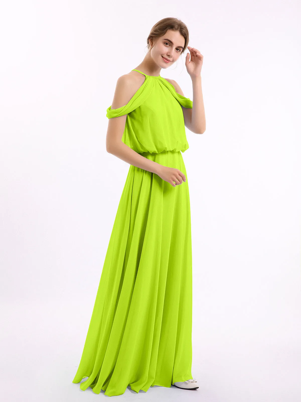 Halter Off the Shoulder Dress with blouson bodice Lime Green Plus Size