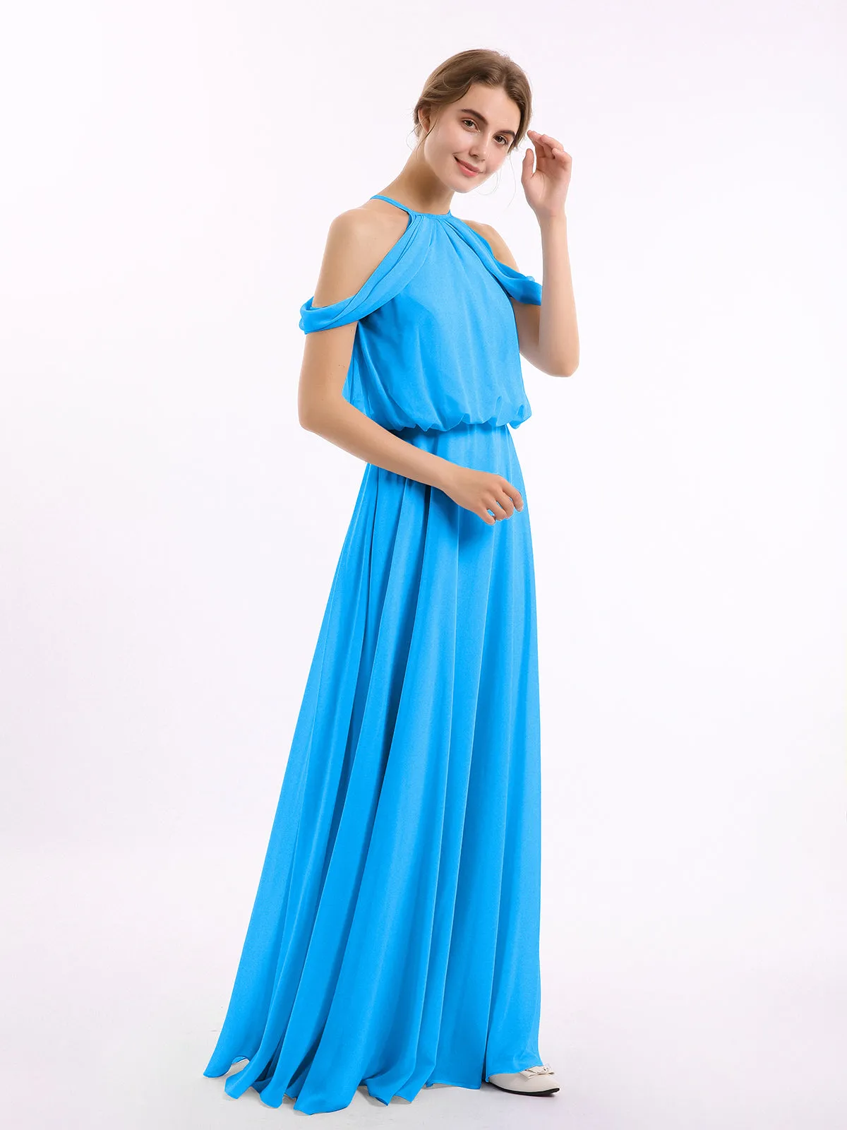 Halter Off the Shoulder Dress with blouson bodice Ocean Blue