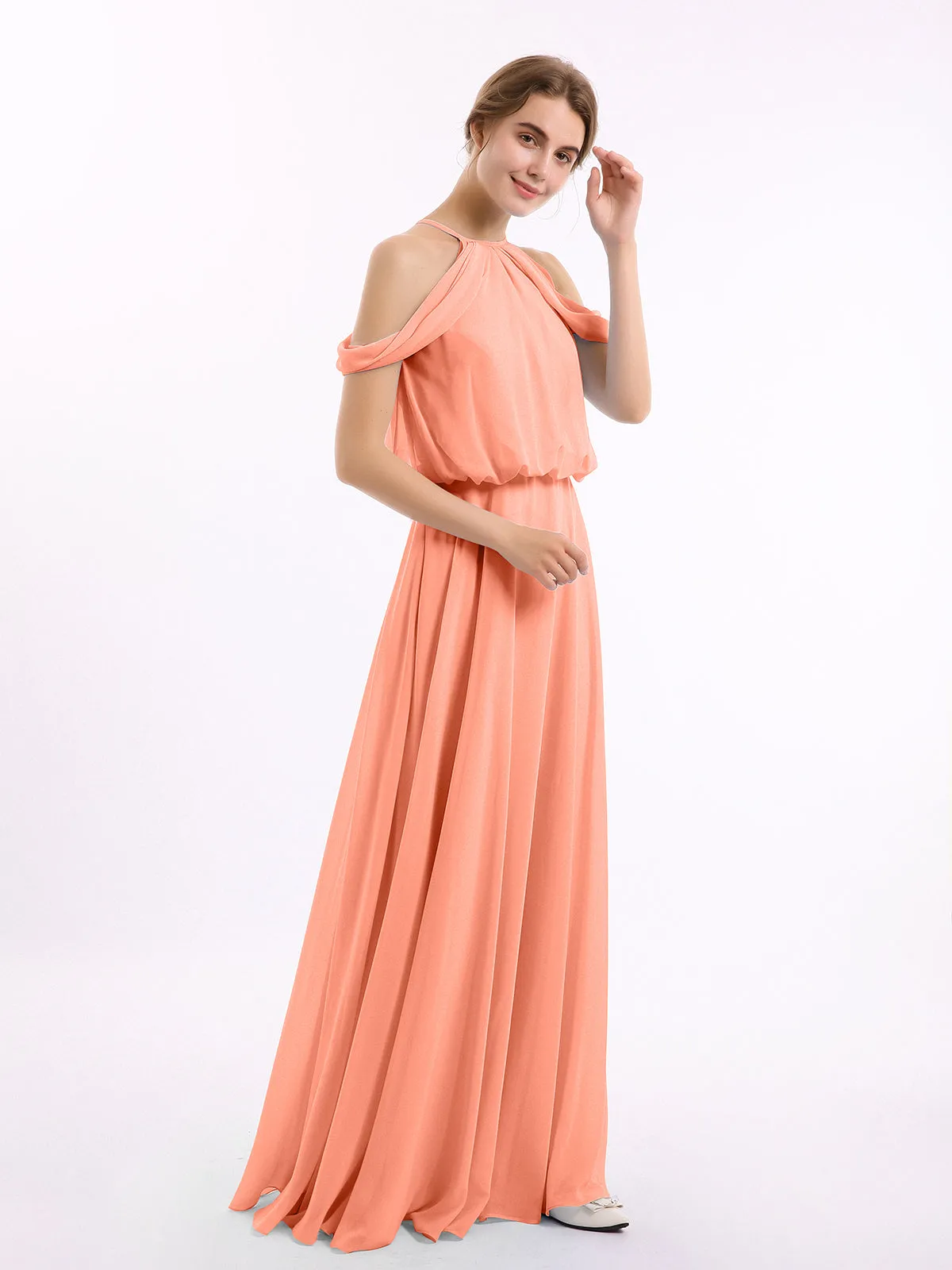 Halter Off the Shoulder Dress with blouson bodice Sunset