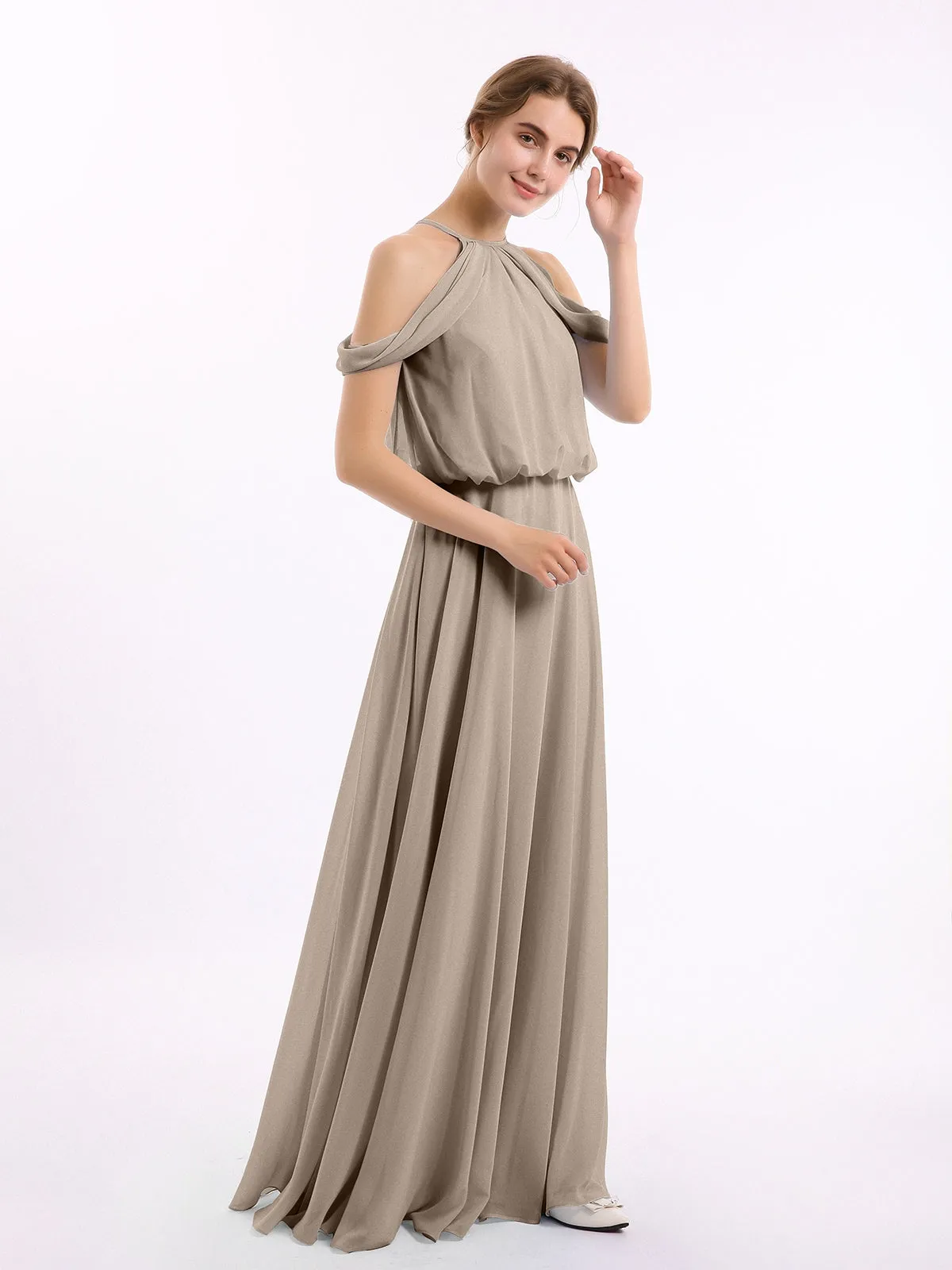 Halter Off the Shoulder Dress with blouson bodice Taupe  Plus Size