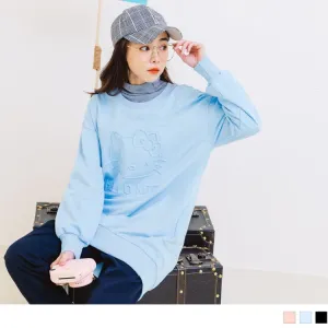 KITTY PRINTED DROP SHOULDER DIP HEM LONG SLEEVE TOPS