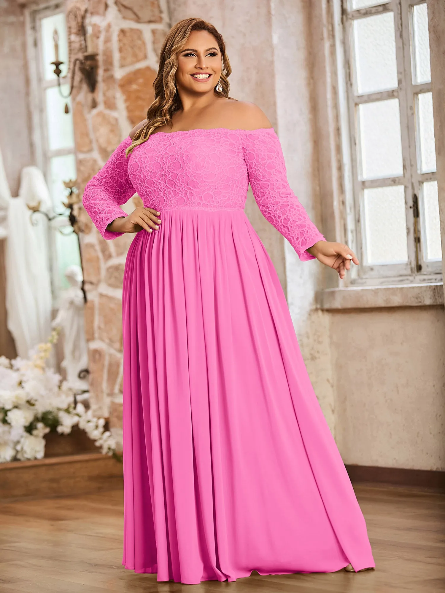 Lace and Chiffon Long Sleeves Dresses with Pockets-Azalea Plus Size