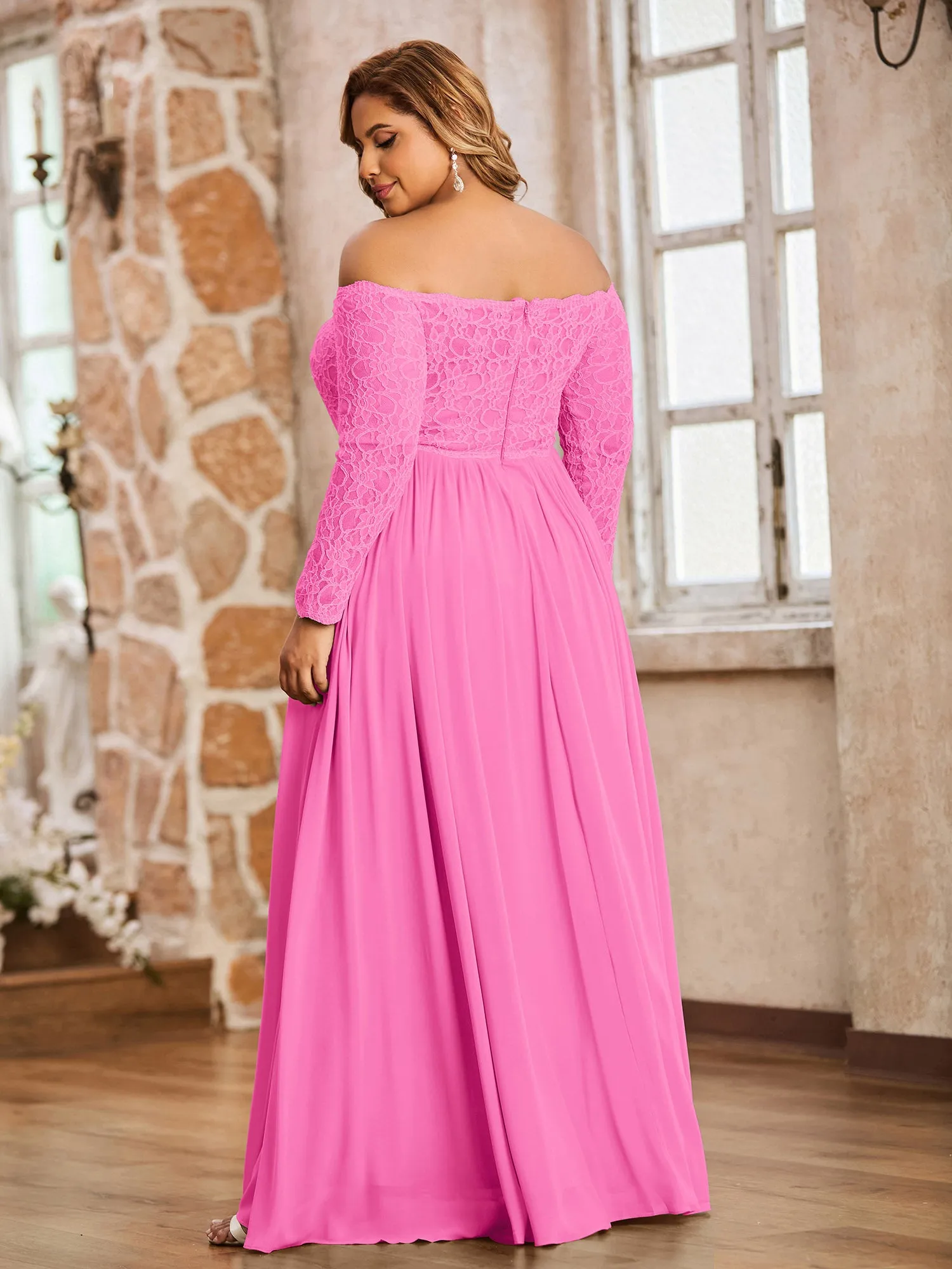 Lace and Chiffon Long Sleeves Dresses with Pockets-Azalea Plus Size