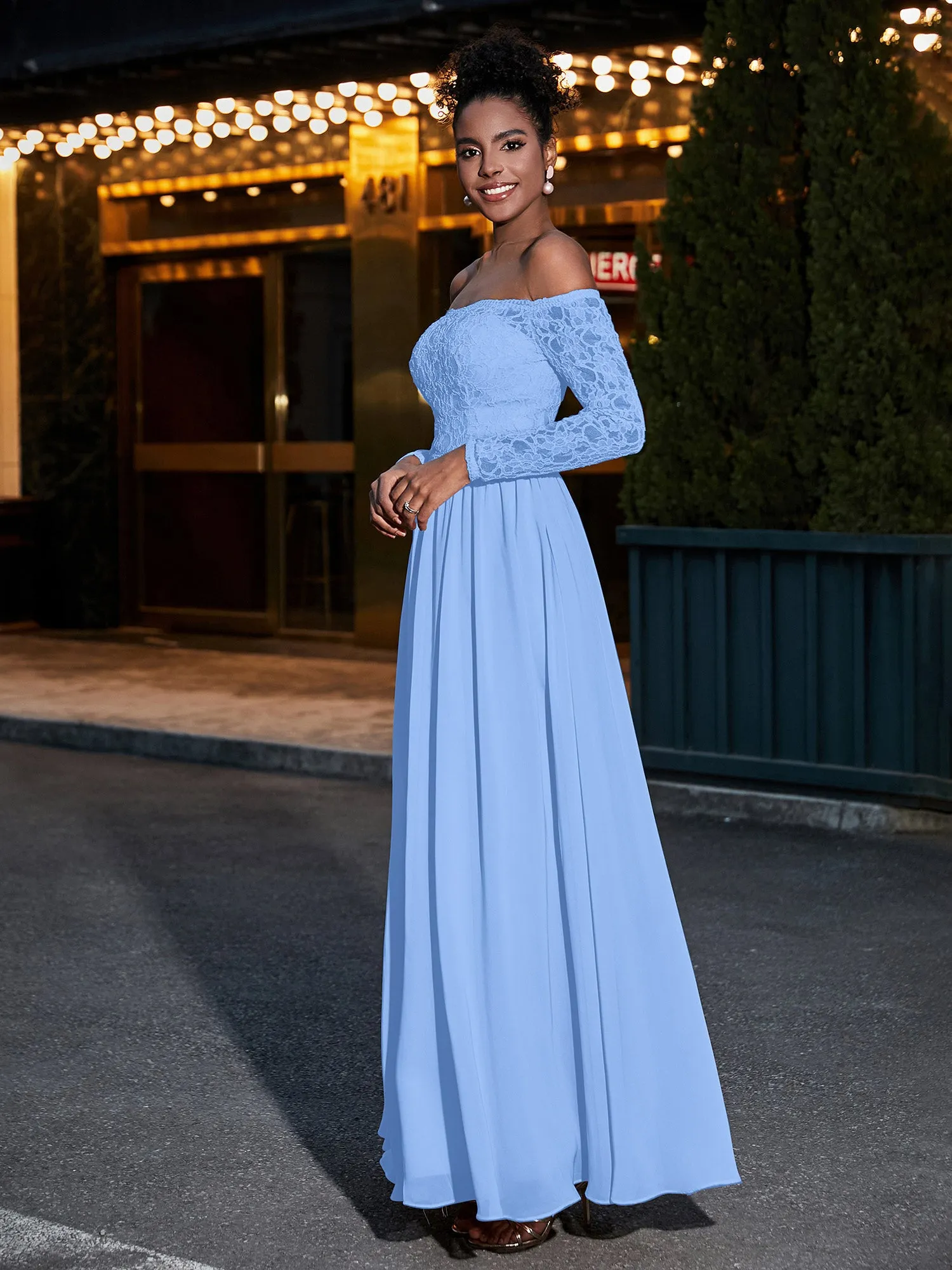Lace and Chiffon Long Sleeves Dresses with Pockets-Blue