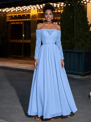 Lace and Chiffon Long Sleeves Dresses with Pockets-Blue