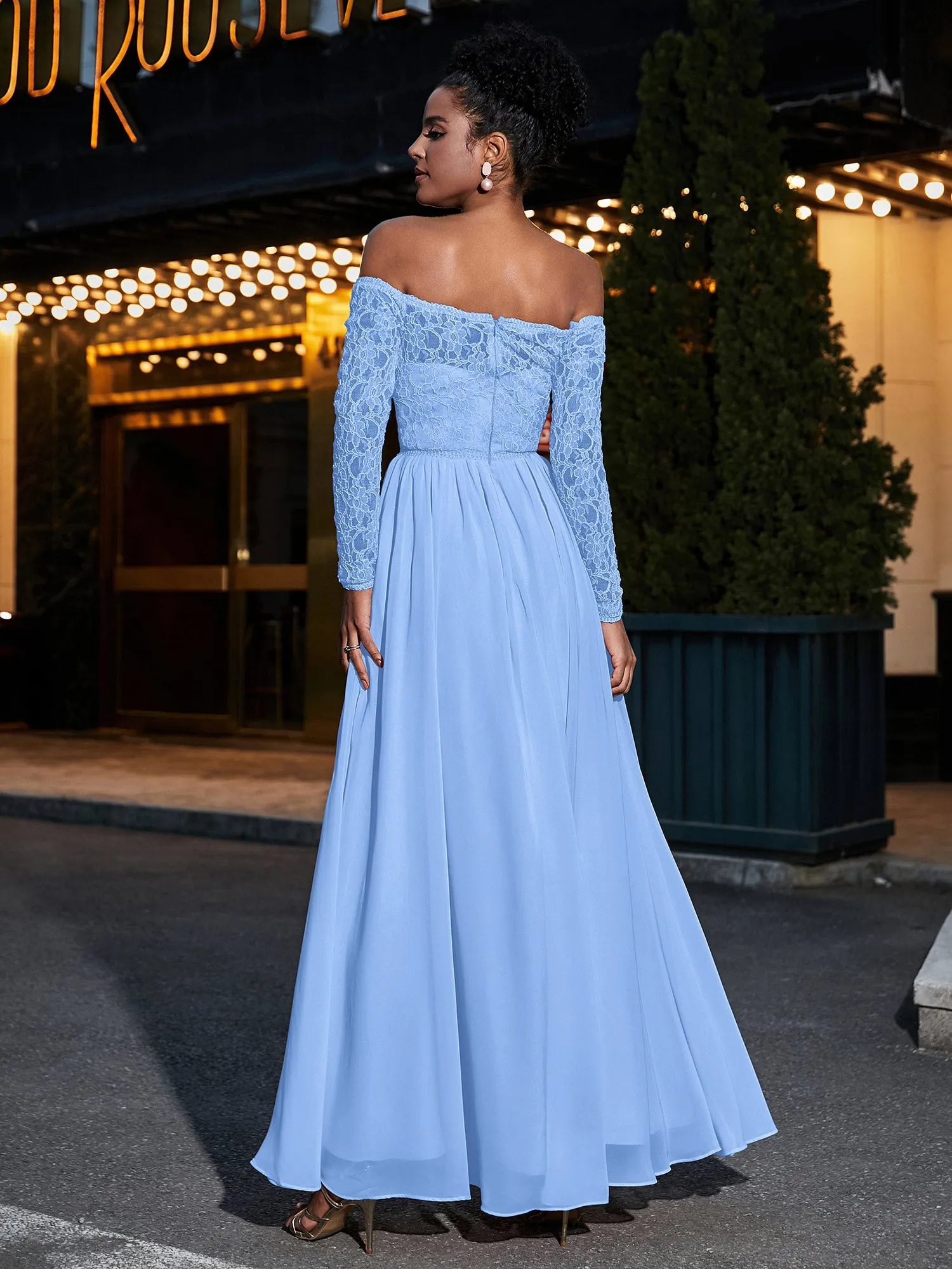 Lace and Chiffon Long Sleeves Dresses with Pockets-Blue