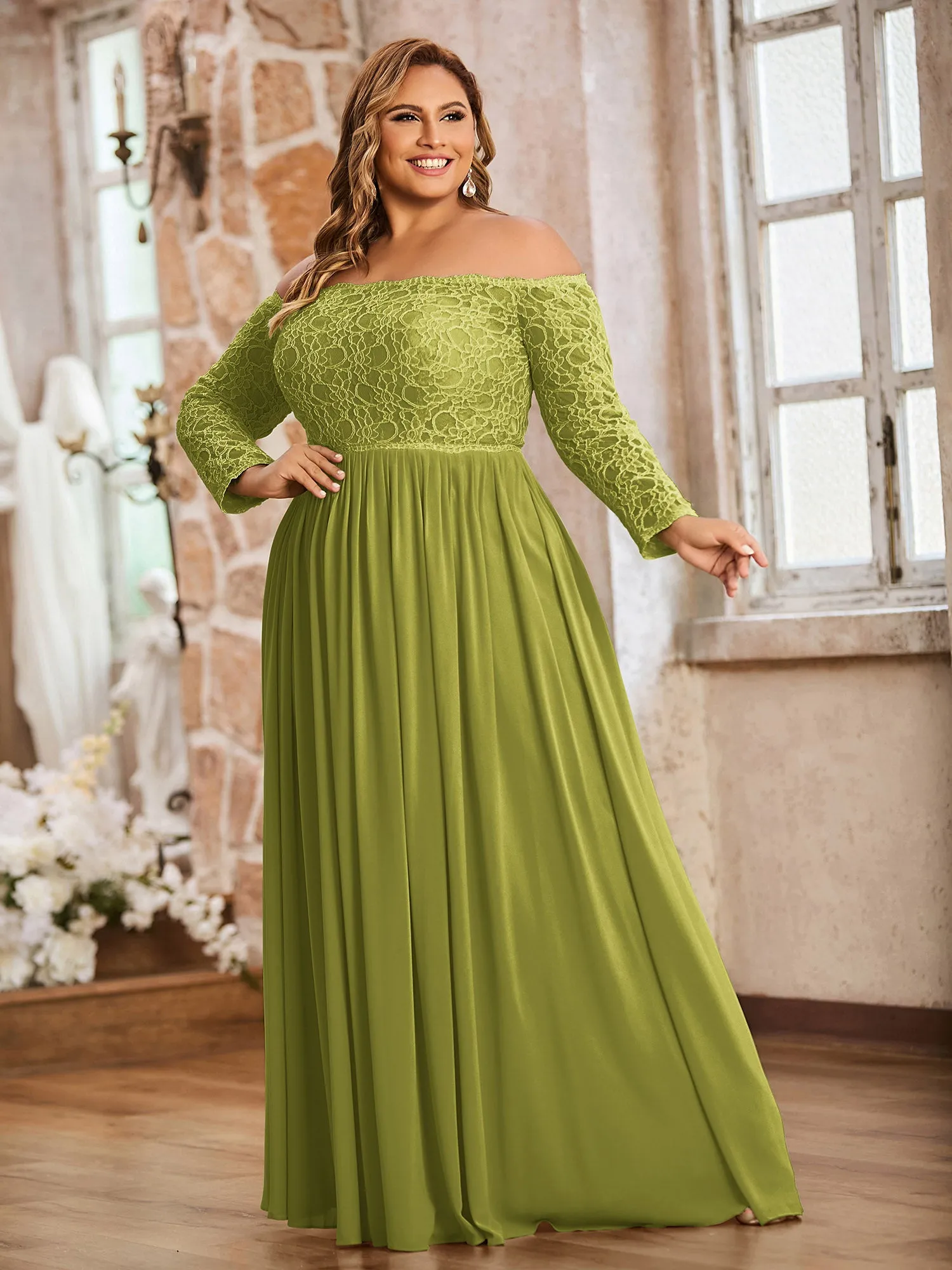 Lace and Chiffon Long Sleeves Dresses with Pockets-Clover Plus Size