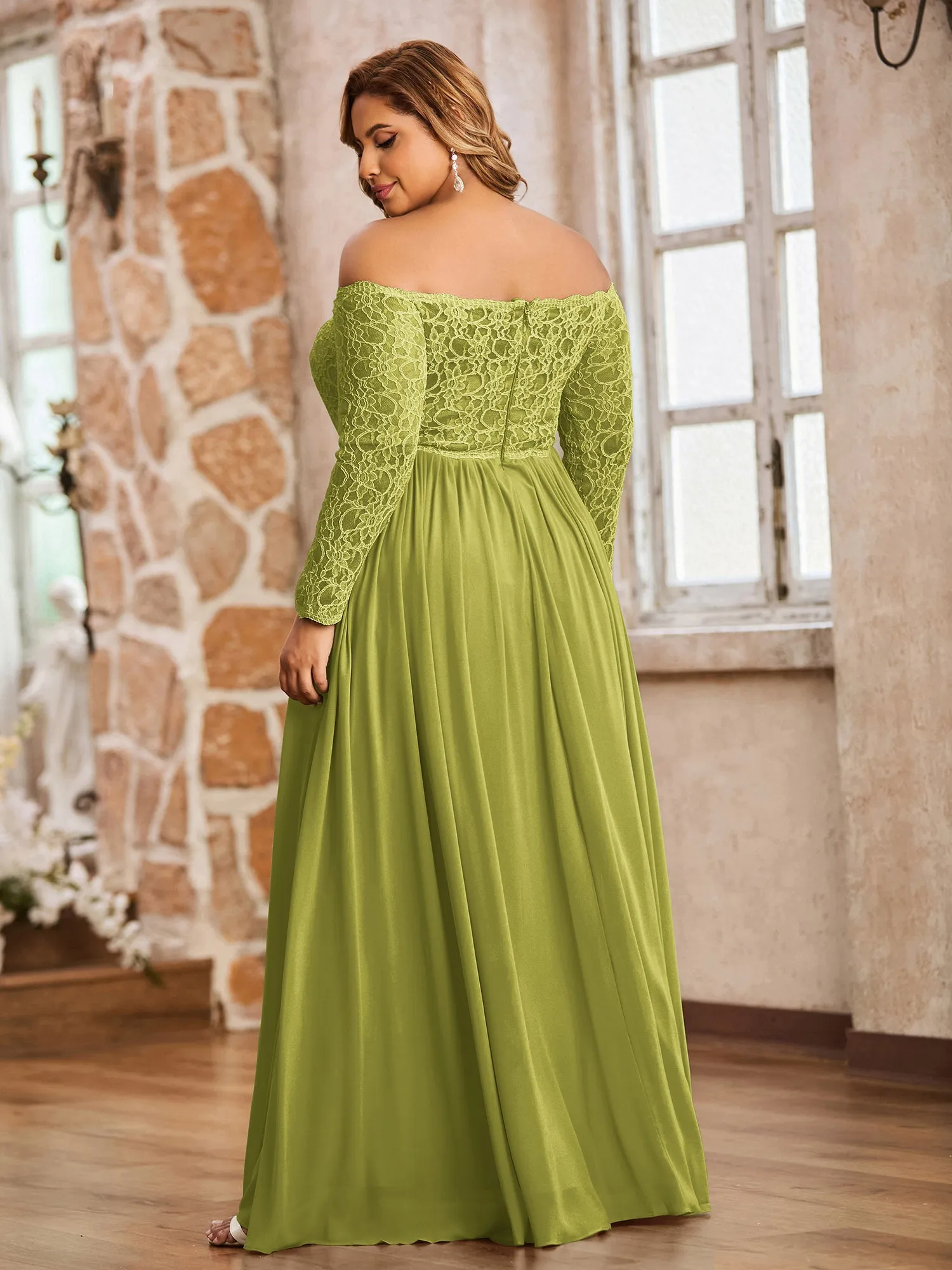 Lace and Chiffon Long Sleeves Dresses with Pockets-Clover Plus Size