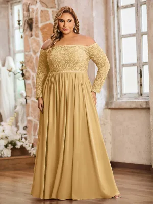 Lace and Chiffon Long Sleeves Dresses with Pockets-Gold Plus Size