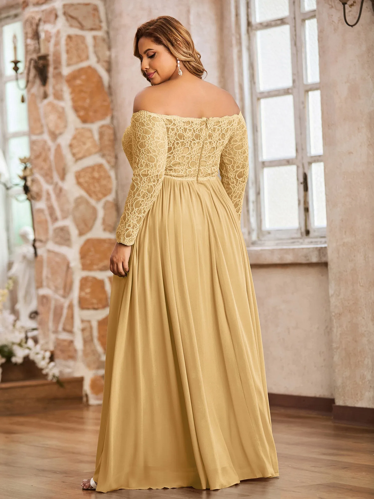 Lace and Chiffon Long Sleeves Dresses with Pockets-Gold Plus Size