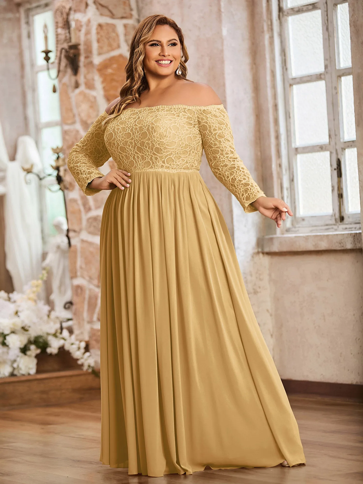 Lace and Chiffon Long Sleeves Dresses with Pockets-Gold Plus Size