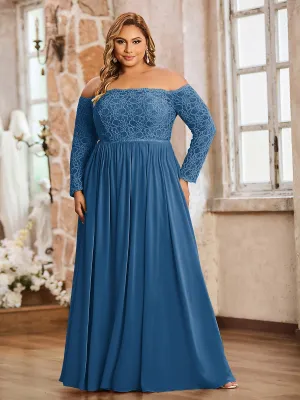 Lace and Chiffon Long Sleeves Dresses with Pockets-Ink Blue Plus Size