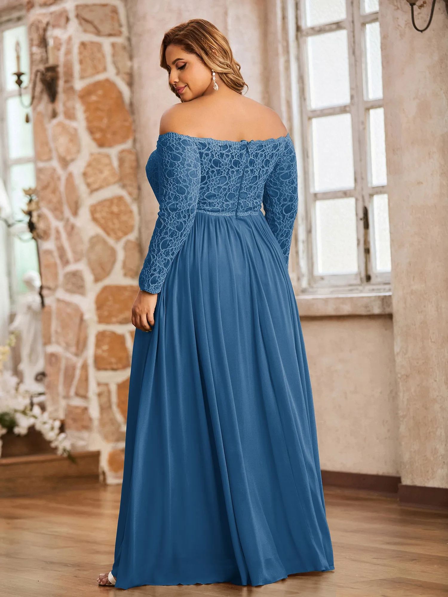 Lace and Chiffon Long Sleeves Dresses with Pockets-Ink Blue Plus Size
