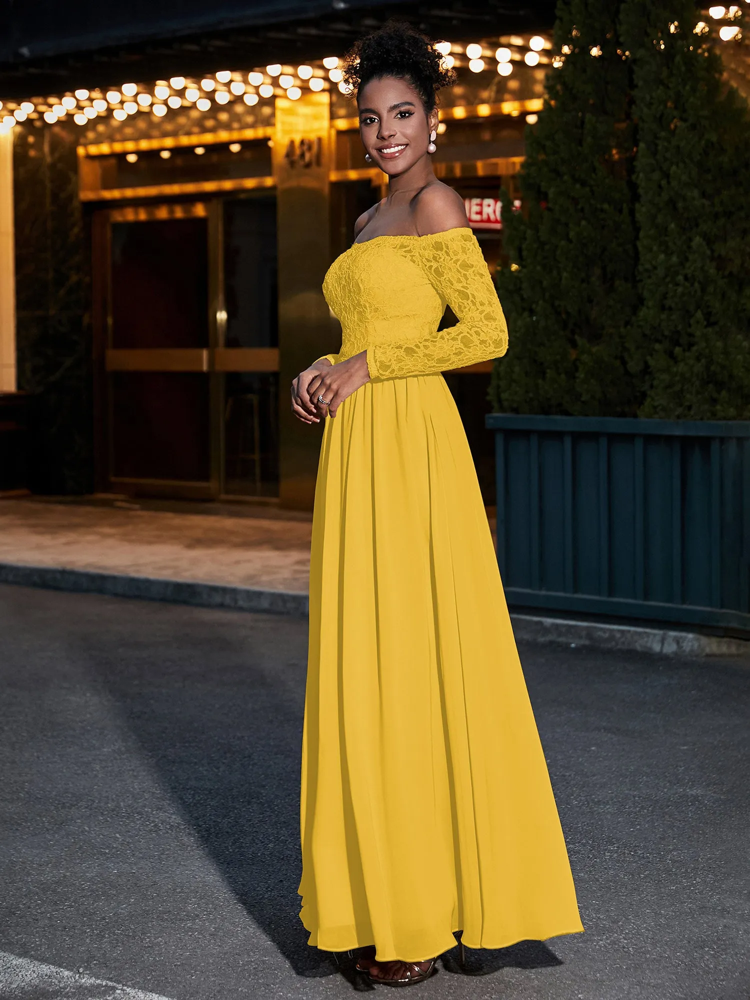 Lace and Chiffon Long Sleeves Dresses with Pockets-Marigold