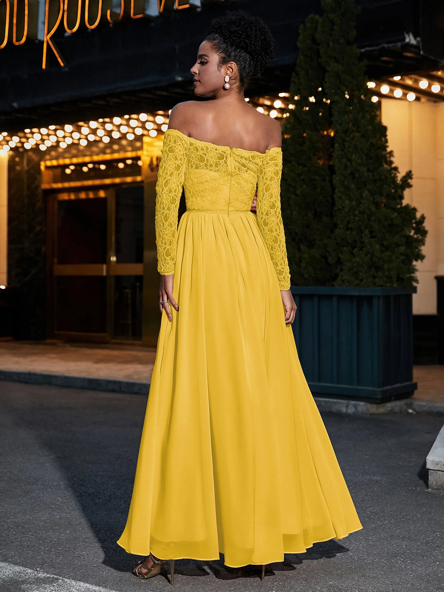 Lace and Chiffon Long Sleeves Dresses with Pockets-Marigold